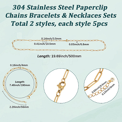 10Pcs 2 Styles 304 Stainless Steel Paperclip Chains Bracelets & Necklaces Sets SJEW-SC0001-01-1