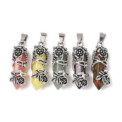Natural Gemstone Alloy Rose Wrapped Hexagonal Prism Pointed Pendants GG-CBA040B-01AS-1