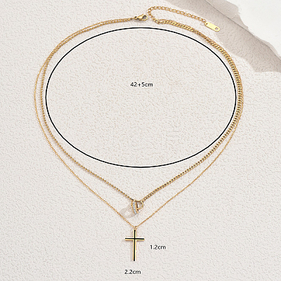 Stainless Steel Crystal Rhinestone Cross Pendant Double Layer Necklaces for Women BW9176-1