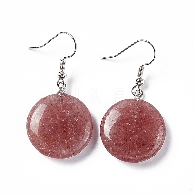 Natural Strawberry Quartz Flat Round Dangle Earrings EJEW-D188-03P-05-1