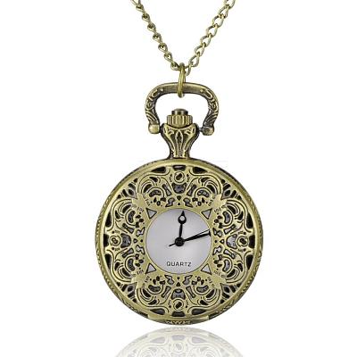Filigree Flat Round Alloy Quartz Pocket Watches WACH-N039-14AB-1