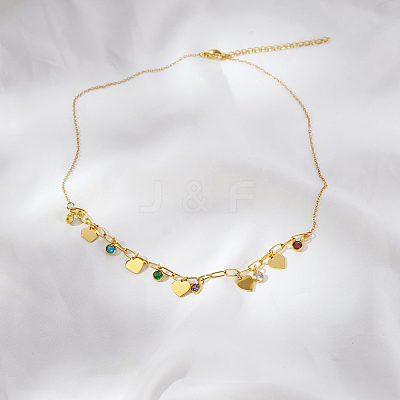 Light Luxury Stainless Steel Pave Colorful Cubic Zirconia Heart Tassel Bib Necklaces for Women Daily Wear GN8905-2-1