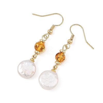 Flat Round Natural Amber & Keshi Pearl Dangle Earrings EJEW-JE07360-01-1