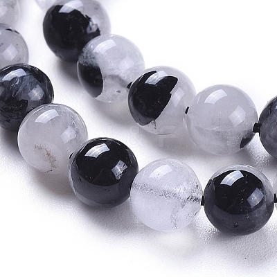 Natural Tourmalinated Quartz/Black Rutilated Quartz Beads Strands G-E558-04-6mm-1