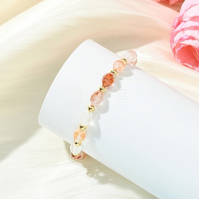 Rice Natural Ferruginous Quartz & Round Brass Beads Stretch Bracelets for Women BJEW-JB13817-1
