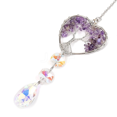 Wire Wrapped Natural Amethyst Heart with Tree of Life Pendant Decorations HJEW-K046-02P-05-1