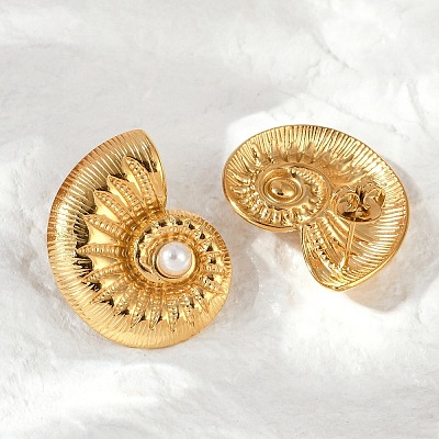 304 Stainless Steel Shell Pearl Stud Earrings EJEW-G423-22G-1