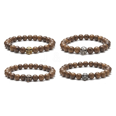 Natural Wenge Wood & Alloy Skull Beaded Stretch Bracelet for Women BJEW-JB09146-1