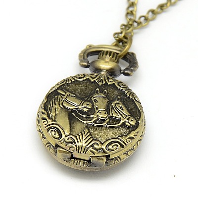 Alloy Flat Round with Horse Pendant Necklace Pocket Watch WACH-N011-84-1