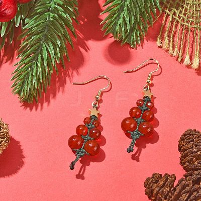 Natural Carnelian & Agate Beaded Christmas Tree Dangle Earrings EJEW-TA00244-1