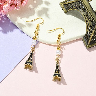 Alloy Enamel Eiffel Tower Dangle Earrings with Imitation Pearl Beaded EJEW-JE05422-04-1
