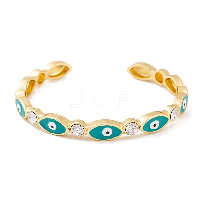 Horse Eye Brass Pave Clear Cubic Zirconia Evil Eye Open Cuff Bangles with Enamel for Women BJEW-S147-06G-01-1