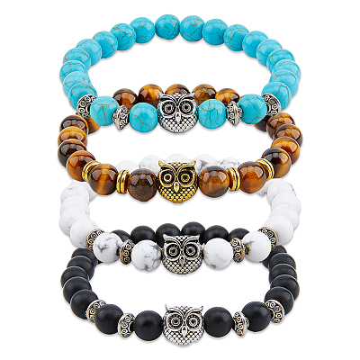 4Pcs 4 Styles Natural & Synthetic Mixed Gemstone & Glass & Alloy Owl Beaded Stretch Bracelets Set for Women BJEW-FI0001-04-1