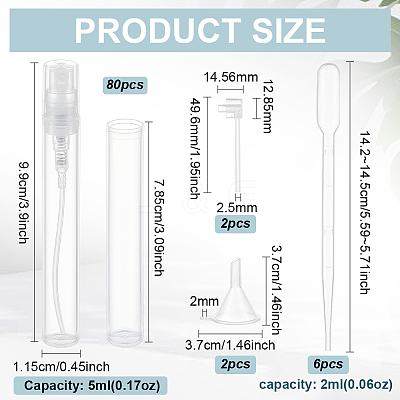 80Pcs Empty Portable Plastic Spray Perfume Bottle with 2Pcs Plastic Pump with 2Pcs Mini Transparent Plastic Funnel Hopper with 6Pcs Disposable Plastic Droppe AJEW-BC0007-50A-1