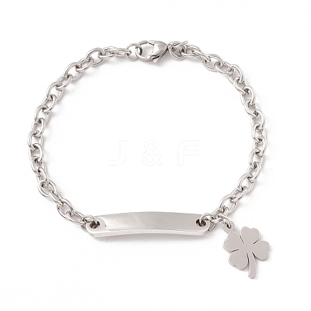 201 Stainless Steel Rectangle & Clover Charm Bracelet with Cable Chain for Women STAS-P304-18P-1