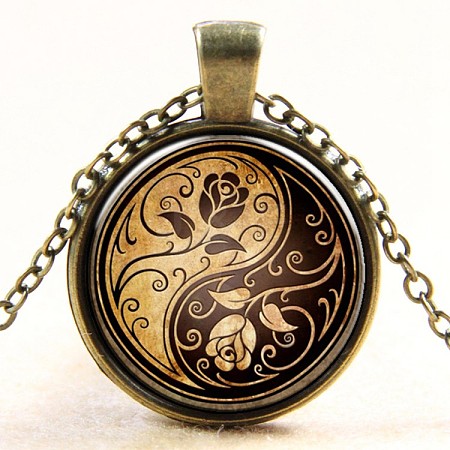Feng Shui Yin-Yang with Rose Pattern Flat Round Glass Pendant Necklaces NJEW-N0051-010D-01-1