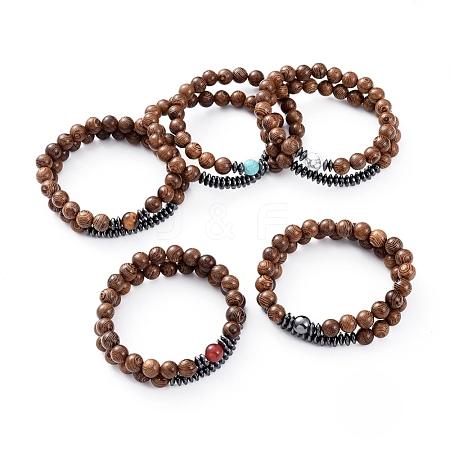  Jewelry Beads Findings Unisex Wood Beads Stretch Bracelet Sets, with Natural & Synthetic Gemstone Beads and Non-Magnetic Synthetic Hematite Beads, 56mm; 2pcs/set