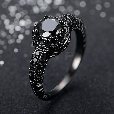 Flat Round Brass Jet Rhinestone Finger Rings FS-WG232E0-03-1