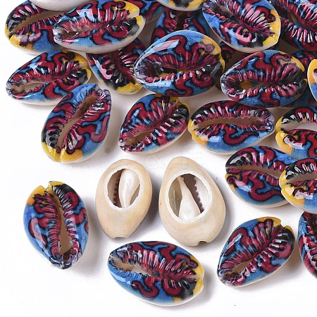 Printed Natural Cowrie Shell Beads X-SSHEL-R047-01-D04-1