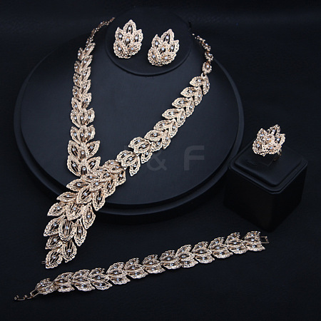 Feather Alloy Crystal Rhinestone Link Bracelets & Stud Earrings & Chain Necklaces & Rings Sets FS-WGFA57F-02-1