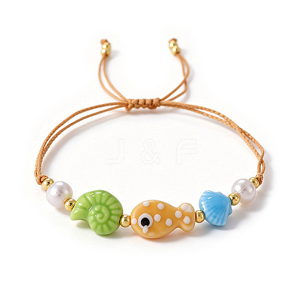 Summer Beach Handmade Porcelain Fish Shell Shape and Plastic Pearl Braided Bead Bracelets for Women WG2D1DA-03-1