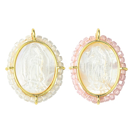 2Pcs 2 Colors Rack Plating Brass Micro Pave Cubic Zirconia & Shell Pendants KK-CJ0003-03-1