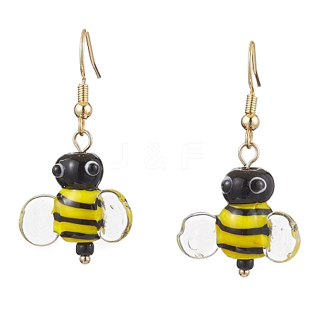 Bees Glass with Brass Dangle Earrings for Women EJEW-TA00548-1