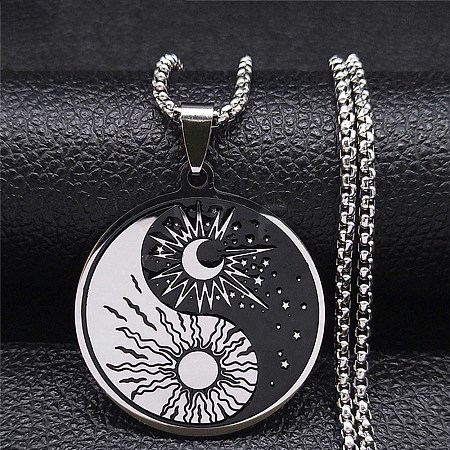 201 Stainless Steel Enamel Yin Yang with Sun & Moon Pendant Necklaces NJEW-G115-05P-1-1