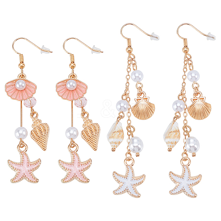 2 Pairs 2 Styles Alloy Enamel Starfish with Shell Shape Dangle Earrings EJEW-GA0001-10-1