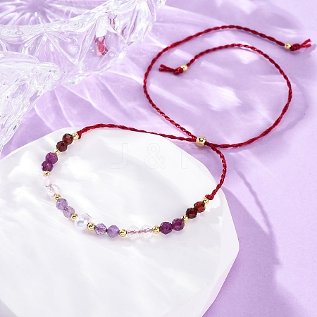 Faceted Round Natural Amethyst & Quartz Crystal Braided Bead Bracelets BJEW-F493-09G-05-1