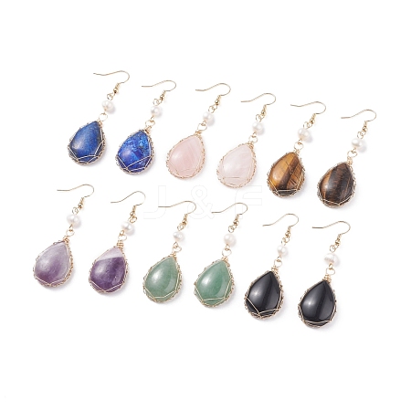 Natural Gemstone Teardrop Dangle Earrings with Natural Pearl EJEW-JE04850-1