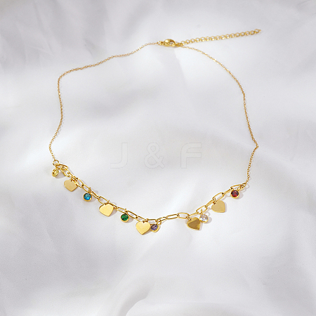 Light Luxury Stainless Steel Pave Colorful Cubic Zirconia Heart Tassel Bib Necklaces for Women Daily Wear GN8905-2-1