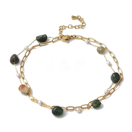 Nuggets Natural Moss Agate & Imitation Pearl Multi-Strand Anklets BJEW-P326-01B-G-1