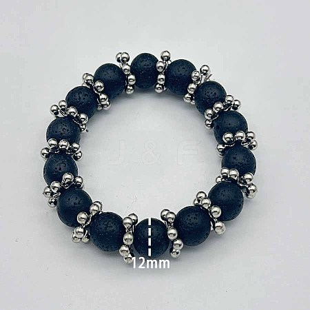 Natural Lava Rock Round Beaded Stretch Bracelet XU8042-1-1