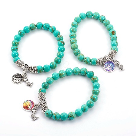 Synthetic Turquoise(Dyed) Beads Stretch Charm Bracelets BJEW-JB04024-M-1