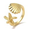 Starfish & Shell Shape Rack Plating Brass Open Cuff Finger Rings for Women RJEW-L123-010G-1