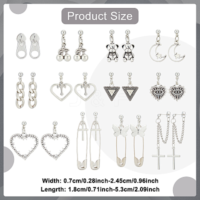 12 Pairs 12 Styles Cherry & Triangle & Eye & Bear & Zipper Buckle Alloy Dangle Stud Earrings for Women EJEW-AN0003-10-1