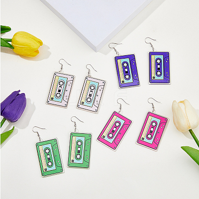 4 Pairs 4 Colors Acrylic Audio Tape Shape Dangle Earrings with 304 Stainless Steel Pins for Women EJEW-FI0003-26-1