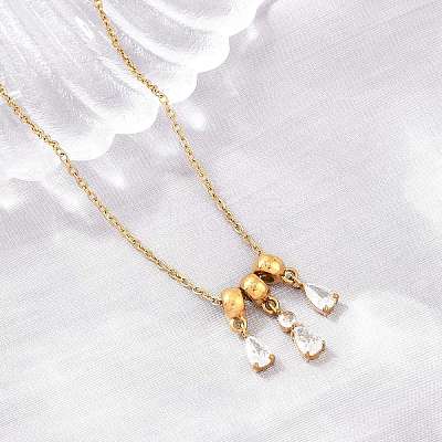 304 Stainless Steel Pave Clear Cubic Zirconia 3 Teardrop Pendant Necklaces for Women SA-CBABBA6-01G-1