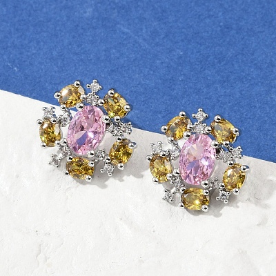 Flower Brass Micro Pave Cubic Zirconia Stud Earrings EJEW-M082-20P-1