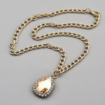 Brass Rhinestone Teardrop Pendant Aluminum Chain Necklaces for Women NJEW-WH0817-005KCG-01-1