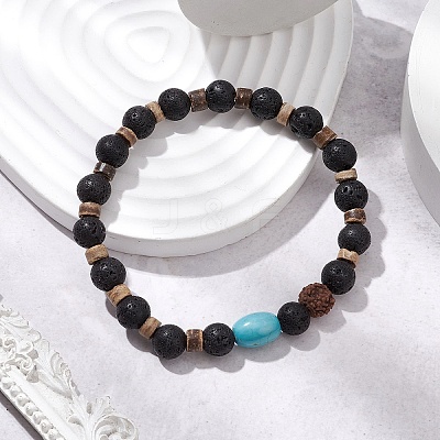 Natural Lava Rock & Rudraksha & Coconut & Howlite Beads Stretch Couples Bracelets for Men BJEW-JB11329-02-1