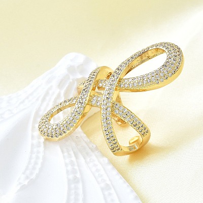 Brass Micro Pave Clear Cubic Zirconia Open Cuff Rings RJEW-F179-02G-1