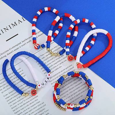 10Pcs Independence Day Theme Handmade Polymer Clay Beads Stretch Bracelets BJEW-SW01605-1