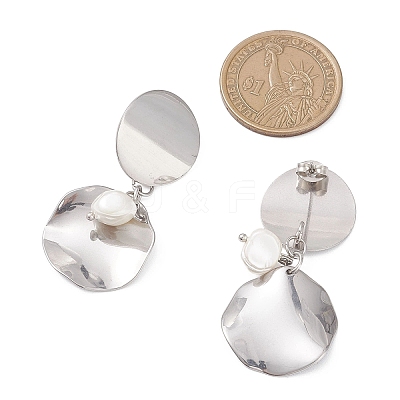 201 Stainless Steel Shell Pearl Flat Round Dangle Stud Earrings EJEW-JE06751-02-1