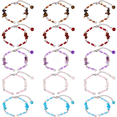 15Pcs 5 Styles Synthetic Turquoise & Natural Rose Quartz & Tiger Eye & Amethyst & Red Jasper Chips & Handmade Seed Beads Bracelet Making AJEW-SC0031-86-1