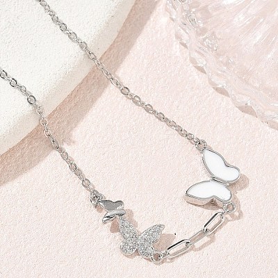 Brass Micro Pave Clear Cubic Zirconia White Butterfly Link Bracelets KK-CBA6980-21P-1