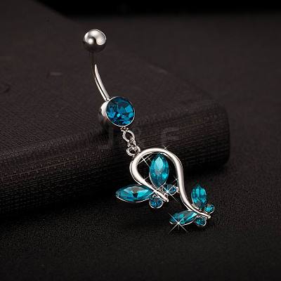 Piercing Jewelry Real Platinum Plated Brass Rhinestone Double Butterfly Navel Ring Belly Rings AJEW-EE0001-41B-1