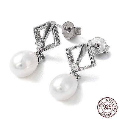 Anti-Tarnish Cubic Zirconia Rhombus with Natural Pearl Dangle Stud Earrings EJEW-F318-19P-1
