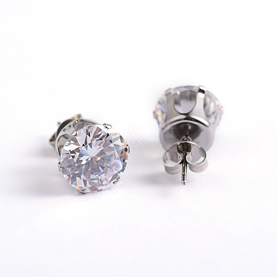 Flat Round 304 Stainless Steel Cubic Zirconia Stud Earrings EJEW-H306-38-3mm-1